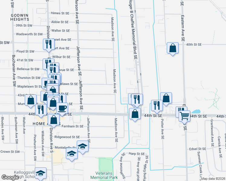 map of restaurants, bars, coffee shops, grocery stores, and more near 4235 Madison Avenue Southeast in Kentwood