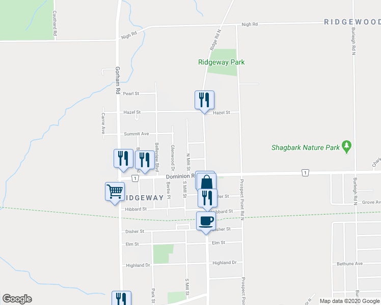 map of restaurants, bars, coffee shops, grocery stores, and more near 432 North Mill Street in Fort Erie