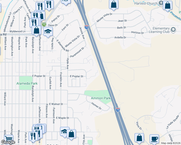 map of restaurants, bars, coffee shops, grocery stores, and more near 1525 Ridgeway Court in Pocatello