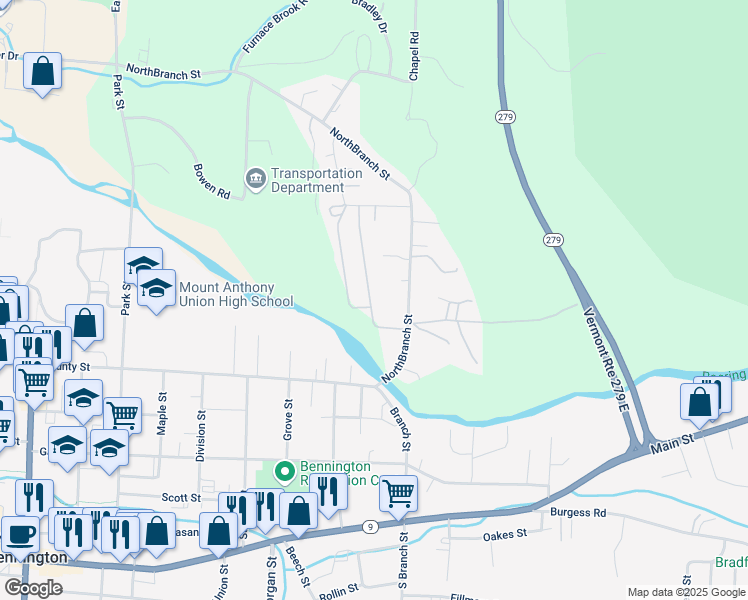map of restaurants, bars, coffee shops, grocery stores, and more near 210 Abbott Street in Bennington County