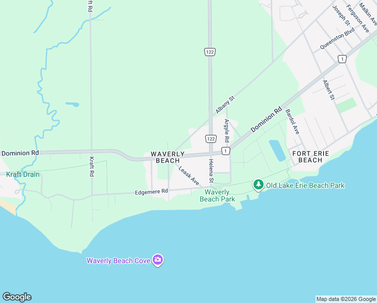 map of restaurants, bars, coffee shops, grocery stores, and more near 732 Dominion Road in Fort Erie