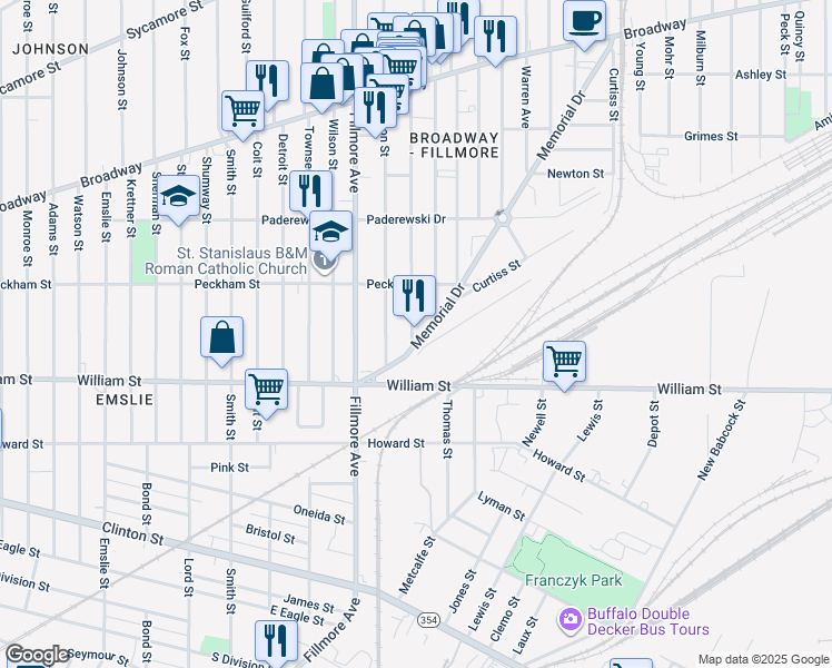 map of restaurants, bars, coffee shops, grocery stores, and more near 68 Memorial Drive in Buffalo