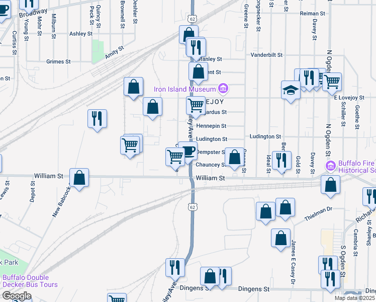 map of restaurants, bars, coffee shops, grocery stores, and more near 1180 Bailey Avenue in Buffalo