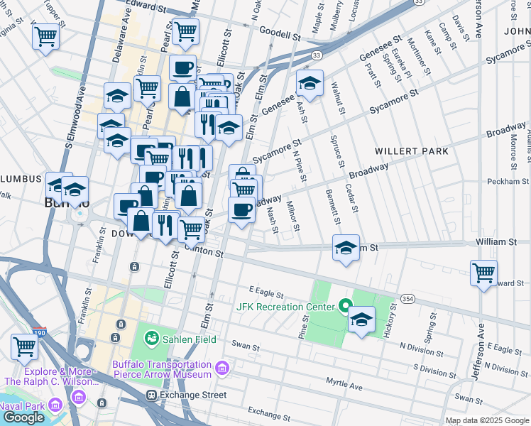 map of restaurants, bars, coffee shops, grocery stores, and more near 60 Nash Street in Buffalo
