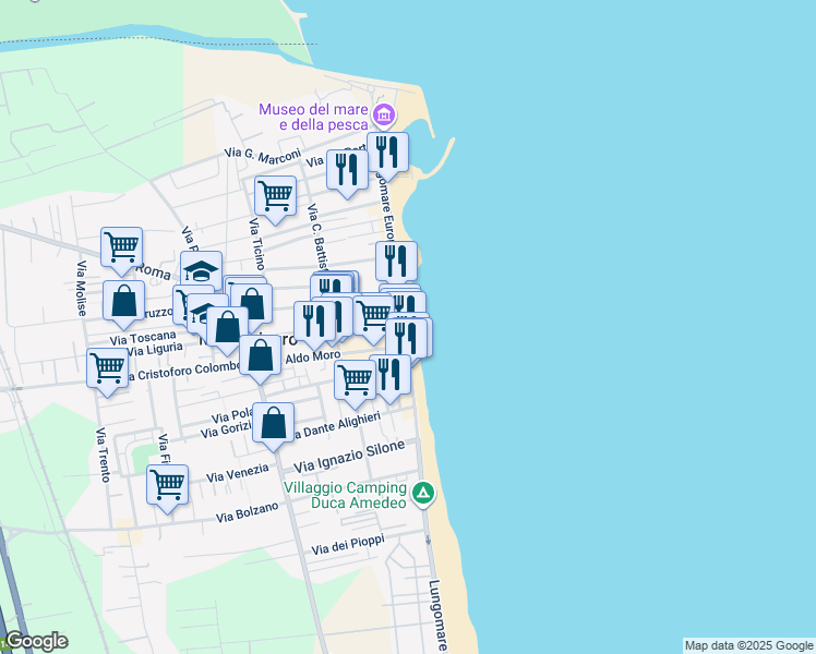 map of restaurants, bars, coffee shops, grocery stores, and more near 52 Lungomare Europa in Martinsicuro