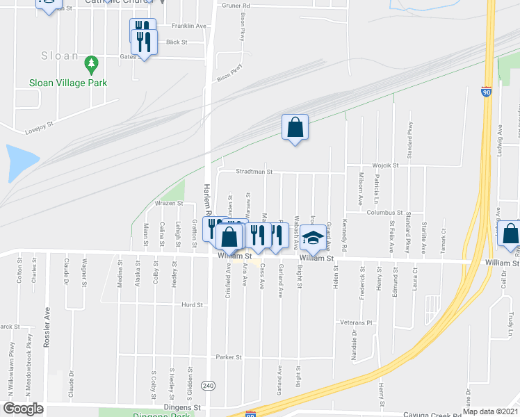 map of restaurants, bars, coffee shops, grocery stores, and more near 78 Mansion Avenue in Buffalo