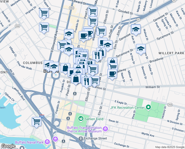 map of restaurants, bars, coffee shops, grocery stores, and more near 291 Ellicott Street in Buffalo