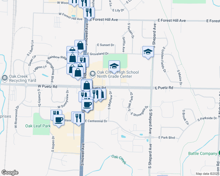 map of restaurants, bars, coffee shops, grocery stores, and more near 8772 South Mayhew Drive in Oak Creek
