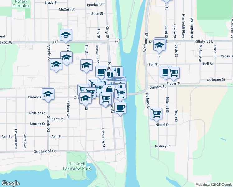 map of restaurants, bars, coffee shops, grocery stores, and more near in Port Colborne