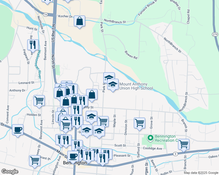 map of restaurants, bars, coffee shops, grocery stores, and more near 321 Park Street in Bennington