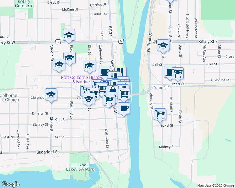 map of restaurants, bars, coffee shops, grocery stores, and more near 239 King Street in Port Colborne