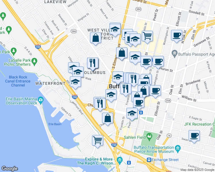 map of restaurants, bars, coffee shops, grocery stores, and more near 160 Court Street in Buffalo