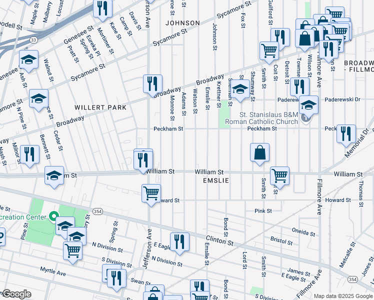 map of restaurants, bars, coffee shops, grocery stores, and more near 233 Adams St in Buffalo