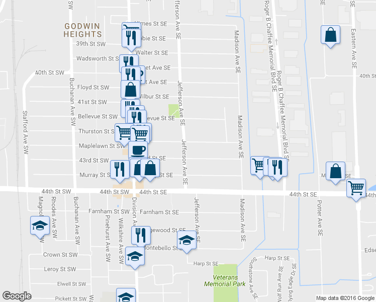 map of restaurants, bars, coffee shops, grocery stores, and more near 4242 Jefferson Avenue Southeast in Kentwood