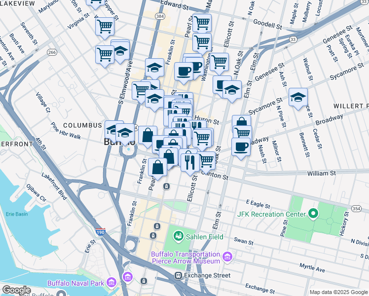 map of restaurants, bars, coffee shops, grocery stores, and more near 465 Main Street in Buffalo