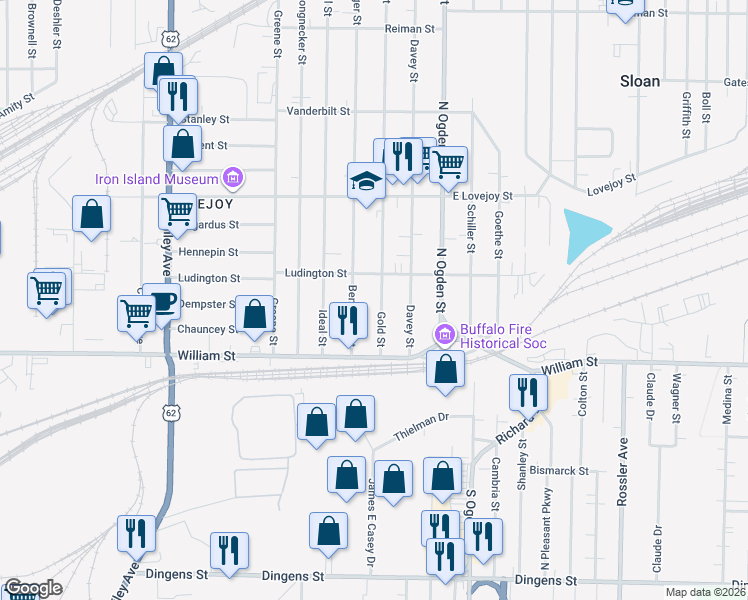 map of restaurants, bars, coffee shops, grocery stores, and more near 64 Gold Street in Buffalo