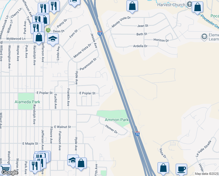 map of restaurants, bars, coffee shops, grocery stores, and more near 1525 Ridgeway Court in Pocatello