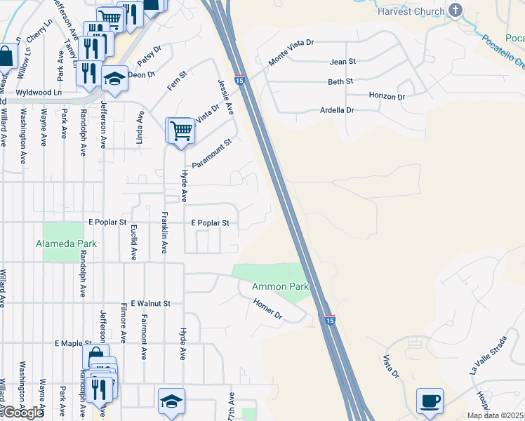 map of restaurants, bars, coffee shops, grocery stores, and more near 1525 Ridgeway Court in Pocatello
