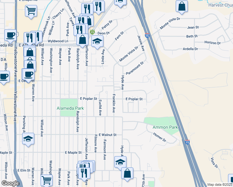 map of restaurants, bars, coffee shops, grocery stores, and more near 625 Hyde Avenue in Pocatello
