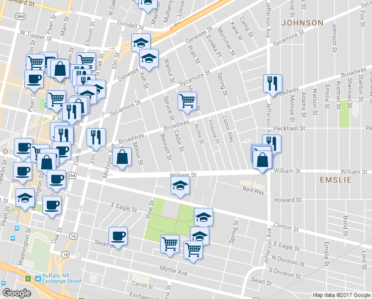 map of restaurants, bars, coffee shops, grocery stores, and more near 251 Cedar Street in Buffalo