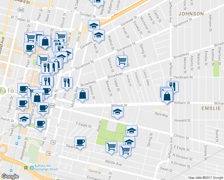 map of restaurants, bars, coffee shops, grocery stores, and more near 153 Bennett Street in Buffalo