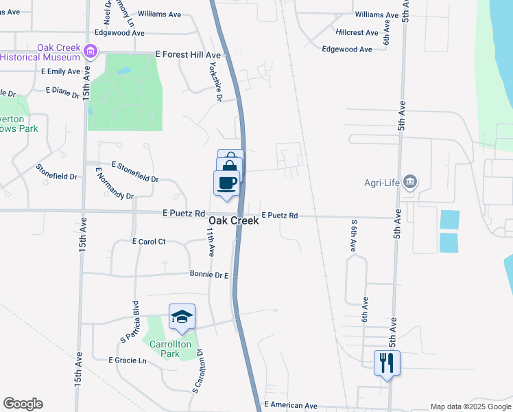 map of restaurants, bars, coffee shops, grocery stores, and more near 8666 South Chicago Road in Oak Creek