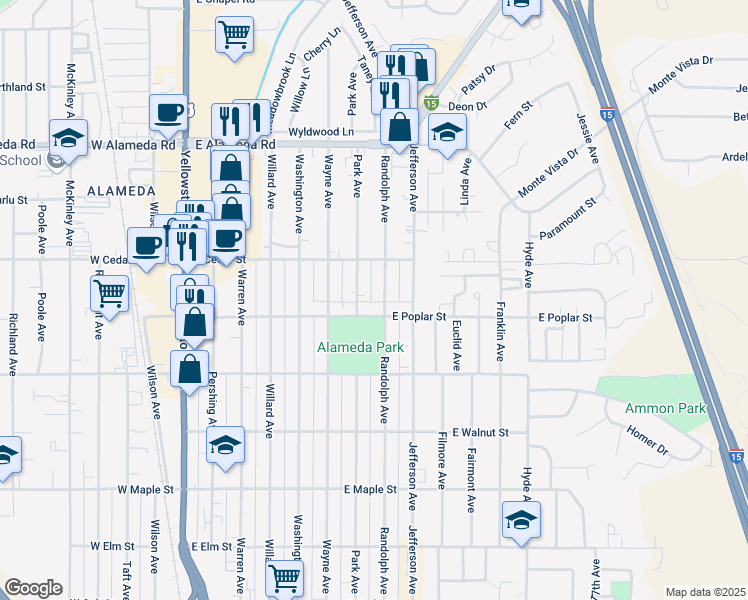 map of restaurants, bars, coffee shops, grocery stores, and more near 613 Randolph Avenue in Pocatello