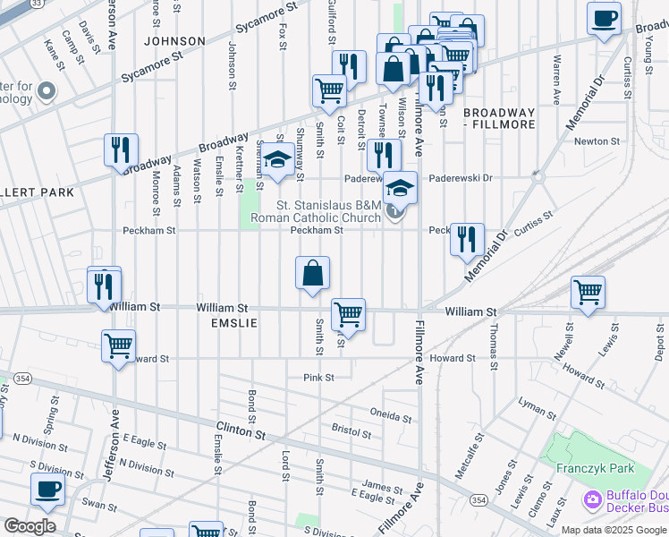 map of restaurants, bars, coffee shops, grocery stores, and more near 114 Coit Street in Buffalo
