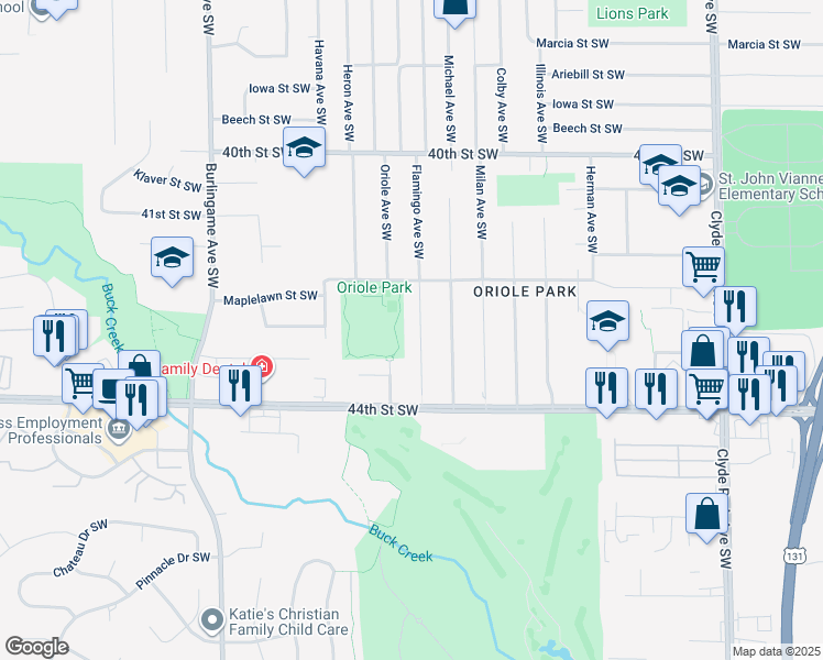 map of restaurants, bars, coffee shops, grocery stores, and more near 4283 Flamingo Avenue Southwest in Wyoming