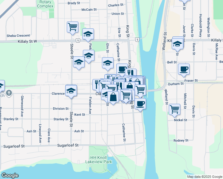 map of restaurants, bars, coffee shops, grocery stores, and more near 111 Clarence Street in Port Colborne