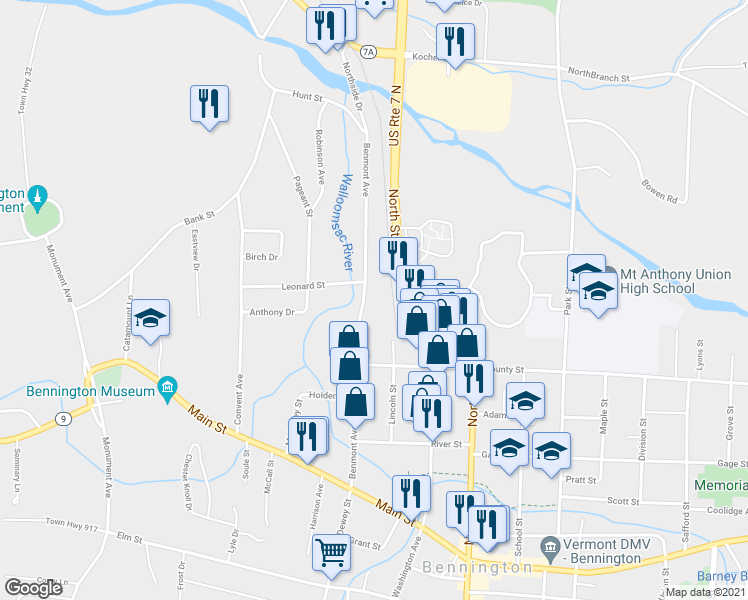 map of restaurants, bars, coffee shops, grocery stores, and more near 219 Benmont Avenue in Bennington