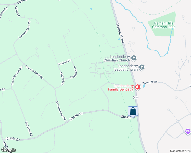 map of restaurants, bars, coffee shops, grocery stores, and more near 174 Fieldstone Drive in Londonderry