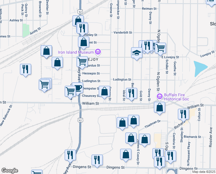 map of restaurants, bars, coffee shops, grocery stores, and more near 112 Dempster Street in Buffalo