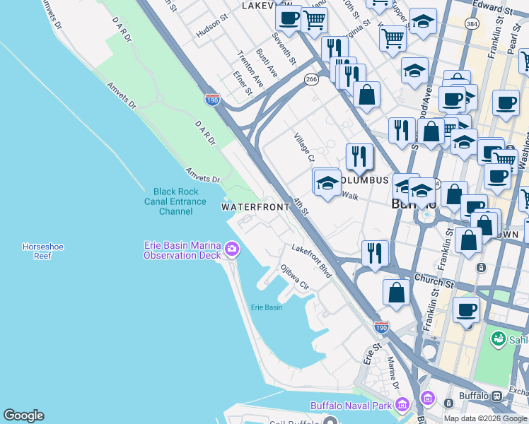 map of restaurants, bars, coffee shops, grocery stores, and more near 289 Lakefront Boulevard in Buffalo