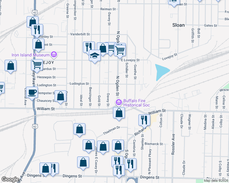 map of restaurants, bars, coffee shops, grocery stores, and more near 66 North Ogden Street in Buffalo
