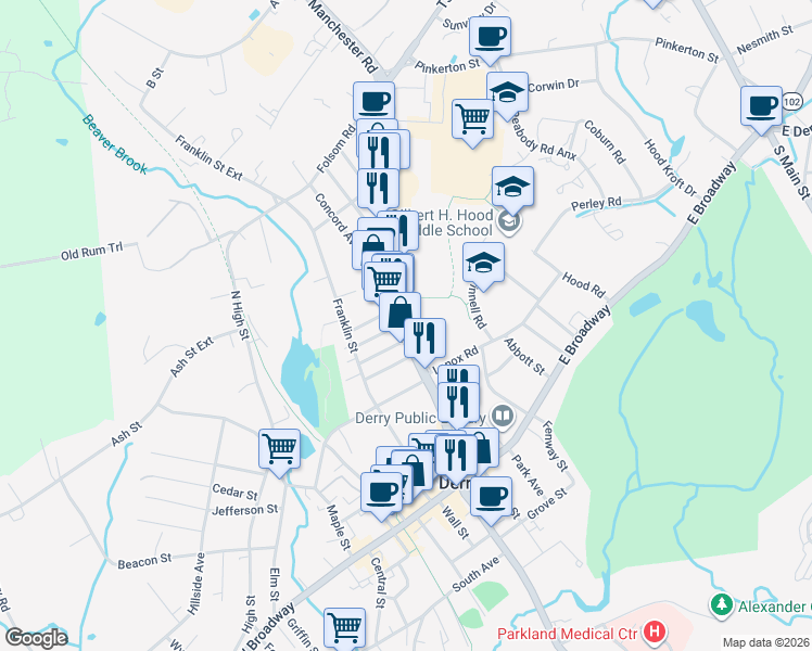 map of restaurants, bars, coffee shops, grocery stores, and more near 27a Crystal Avenue in Derry