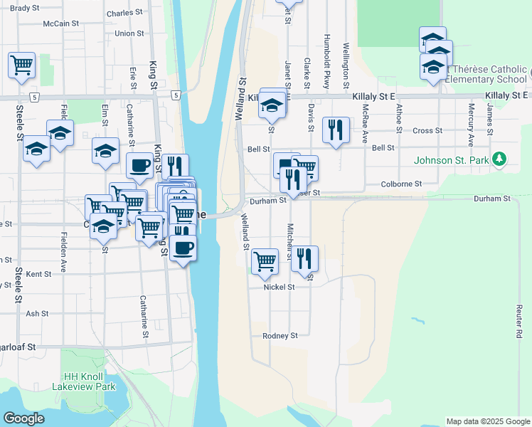 map of restaurants, bars, coffee shops, grocery stores, and more near 292 Fares Street in Port Colborne