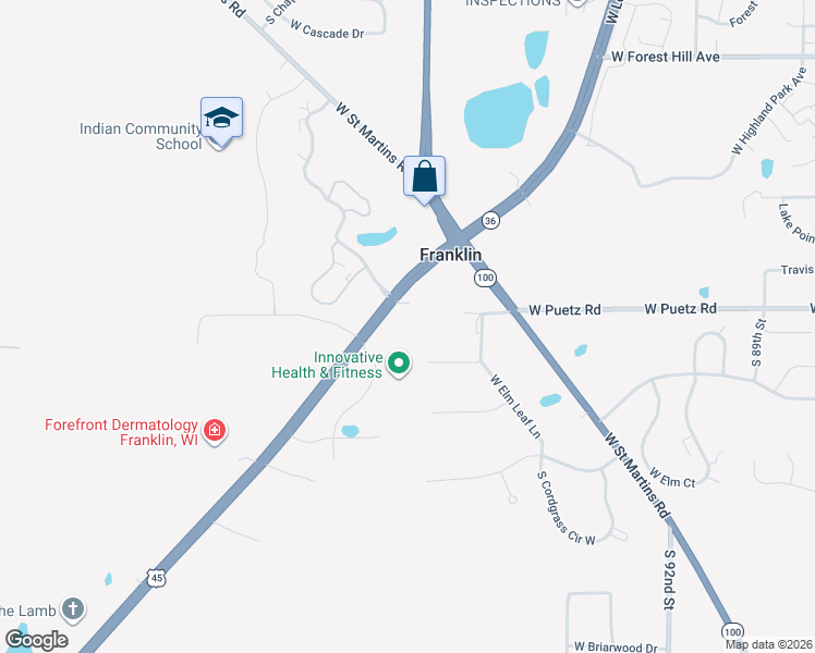map of restaurants, bars, coffee shops, grocery stores, and more near 10115 Wisconsin 36 in Franklin