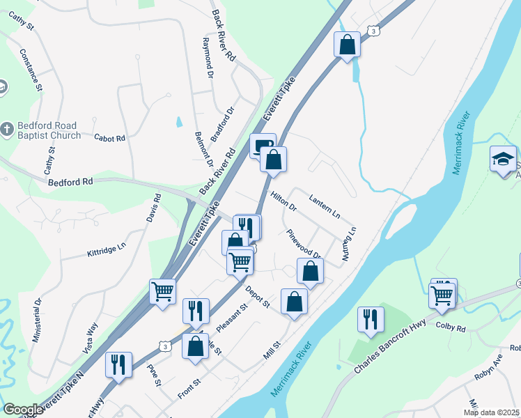 map of restaurants, bars, coffee shops, grocery stores, and more near 623 Daniel Webster Highway in Merrimack