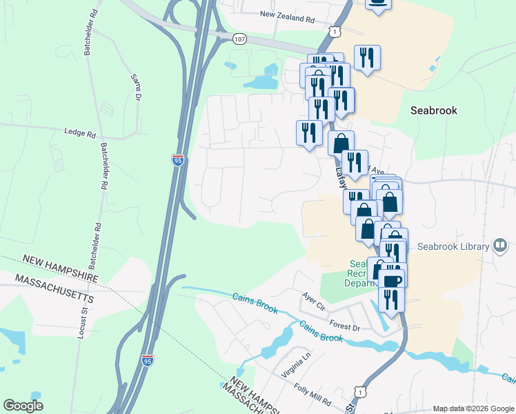map of restaurants, bars, coffee shops, grocery stores, and more near 22 Autumn Way in Seabrook