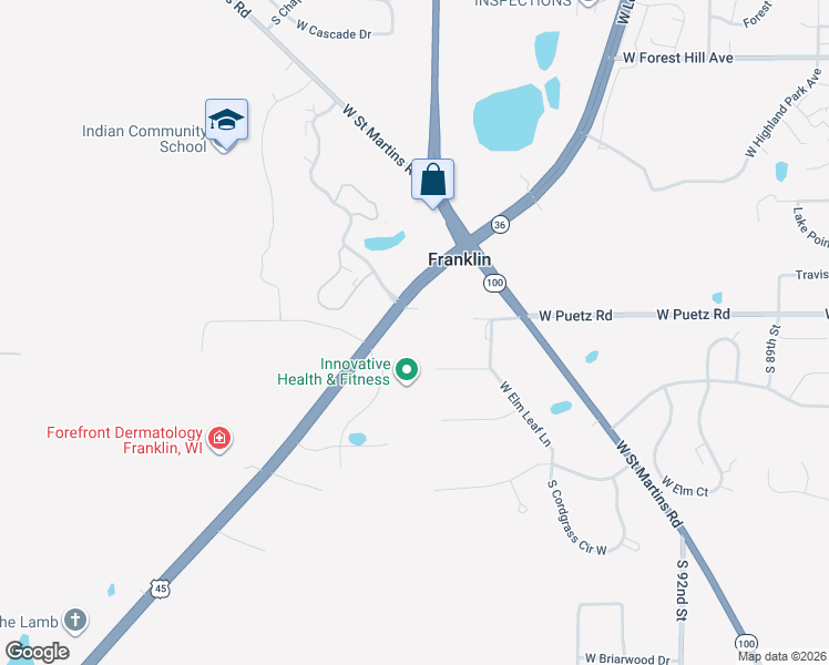 map of restaurants, bars, coffee shops, grocery stores, and more near 10115 Wisconsin 36 in Franklin