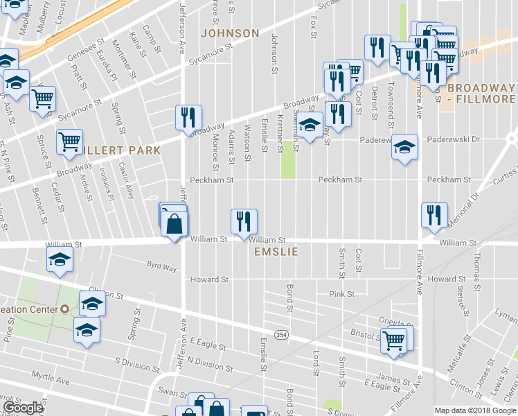 map of restaurants, bars, coffee shops, grocery stores, and more near 364 Emslie Street in Buffalo