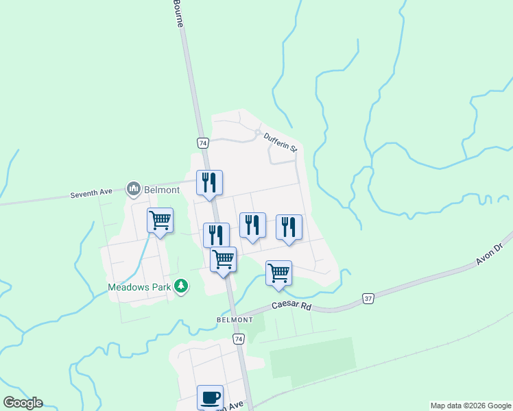 map of restaurants, bars, coffee shops, grocery stores, and more near 249 Victoria Street in Belmont