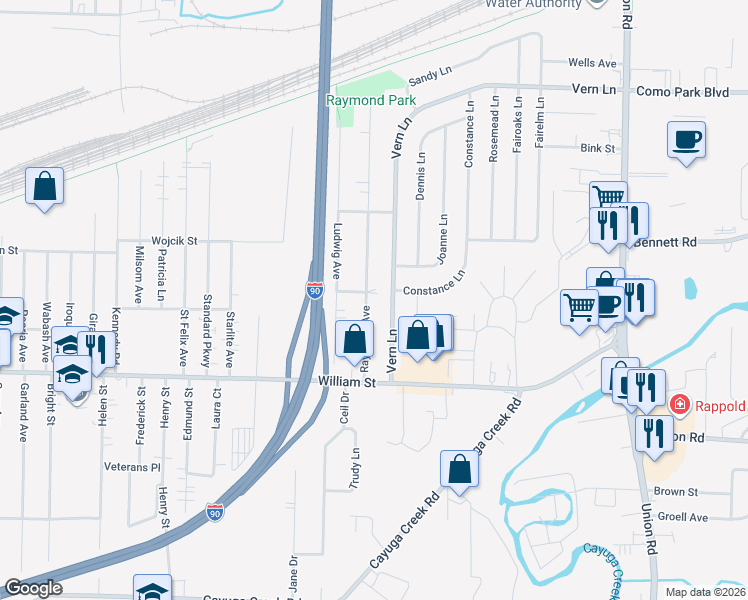 map of restaurants, bars, coffee shops, grocery stores, and more near 91 Raymond Avenue in Buffalo