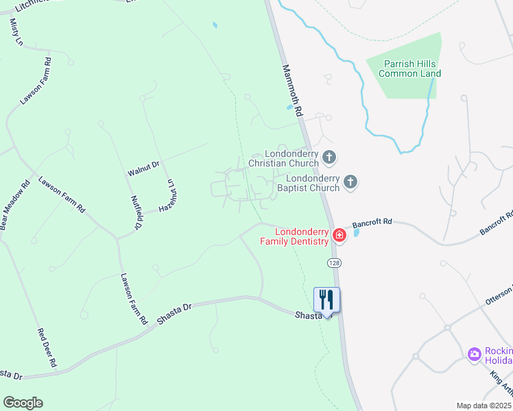 map of restaurants, bars, coffee shops, grocery stores, and more near 107 Fieldstone Drive in Londonderry