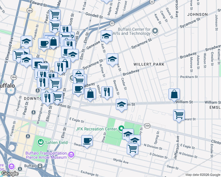 map of restaurants, bars, coffee shops, grocery stores, and more near 245 Pine Street in Buffalo