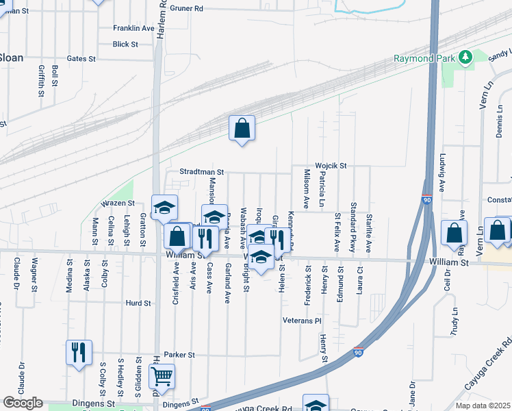map of restaurants, bars, coffee shops, grocery stores, and more near 82 Iroquois Avenue in Cheektowaga
