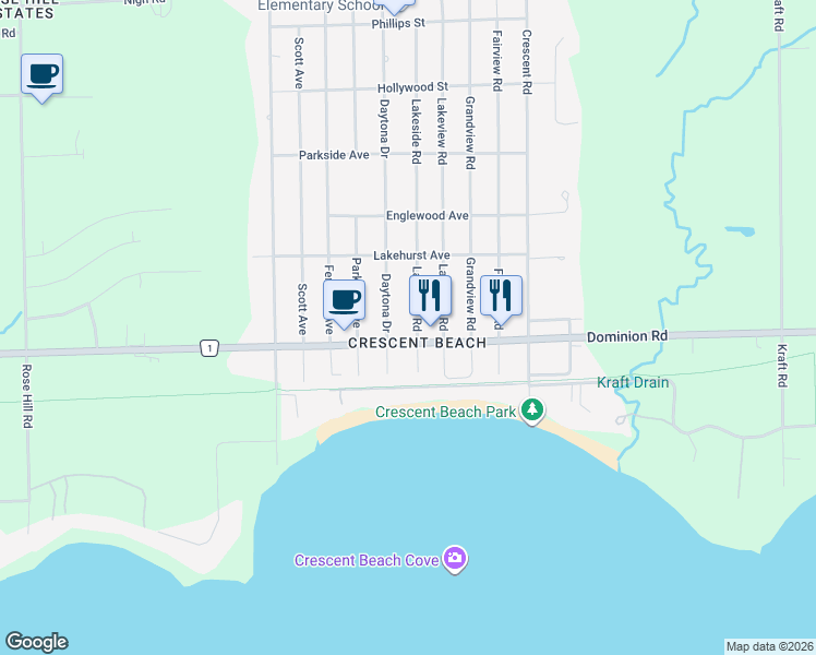 map of restaurants, bars, coffee shops, grocery stores, and more near 395 Lakeside Road in Fort Erie