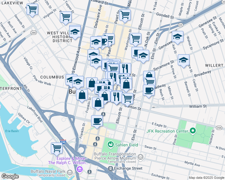 map of restaurants, bars, coffee shops, grocery stores, and more near 465 Main Street in Buffalo