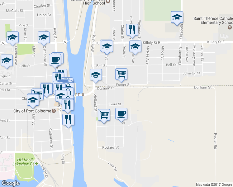 map of restaurants, bars, coffee shops, grocery stores, and more near 265 Mitchell Street in Port Colborne